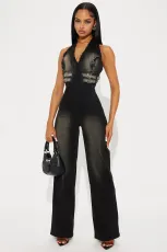 Fashion V Neck Denim Halterneck Jumpsuit GKNF-6992