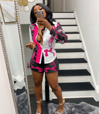 Plus Size Printed Single Breasted Long Sleeve Shirt+Shorts Set OY-L6501