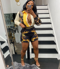 Plus Size Printed Single Breasted Long Sleeve Shirt+Shorts Set OY-L6501