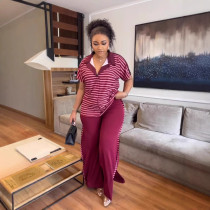 Stripe Print Short Sleeve Two Piece Pants Set OY-6503