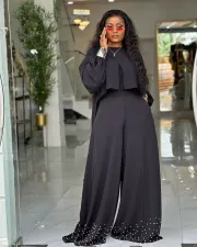 Irregular Lantern Sleeve Top Beaded Wide Leg Pants Set GCNE-HK72258