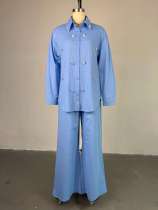 Lapel Long Sleeve Beaded Shirt Pants Two Piece Set GCNE-HK72317