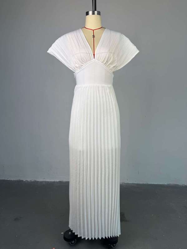 Pleated V-neck Bat-sleeve Maxi Dress GCNE-HK72168