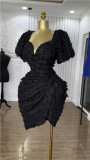 V-Neck Bubble Sleeve Drawstring Mini Dress GCNE-HK72276