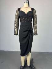 Square Neck Lace Long Sleeve Midi Dress GCNE-HK7984