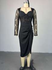 Square Neck Lace Long Sleeve Midi Dress GCNE-HK7984