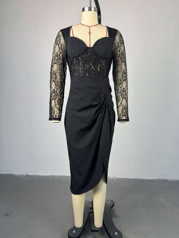 Square Neck Lace Long Sleeve Midi Dress GCNE-HK7984
