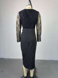 Square Neck Lace Long Sleeve Midi Dress GCNE-HK7984