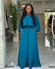Irregular Lantern Sleeve Top Beaded Wide Leg Pants Set GCNE-HK72258