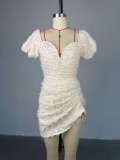 V-Neck Bubble Sleeve Drawstring Mini Dress GCNE-HK72276