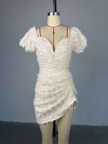 V-Neck Bubble Sleeve Drawstring Mini Dress GCNE-HK72276