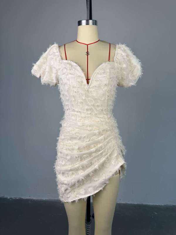 V-Neck Bubble Sleeve Drawstring Mini Dress GCNE-HK72276