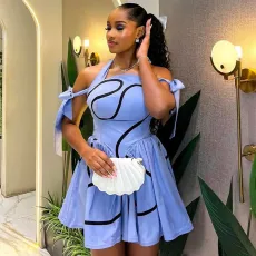 Printed Lace-Up Off Shoulder Pleated Mini Dress GCNE-HK72301