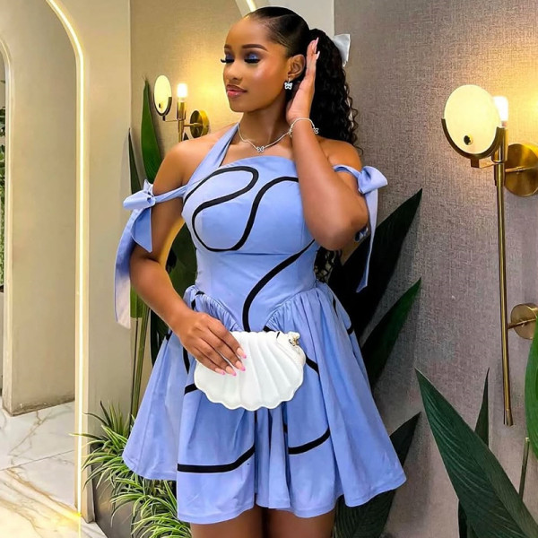 Printed Lace-Up Off Shoulder Pleated Mini Dress GCNE-HK72301