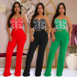 Solid Color Print Wrap Chest Loose Pants Suit CYA-901745