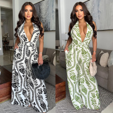 Deep V Neck Backless Print Jumpsuit BY-7310