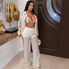 See Through Hollow Out Knit 3 Piece Pants Set CYA-901729
