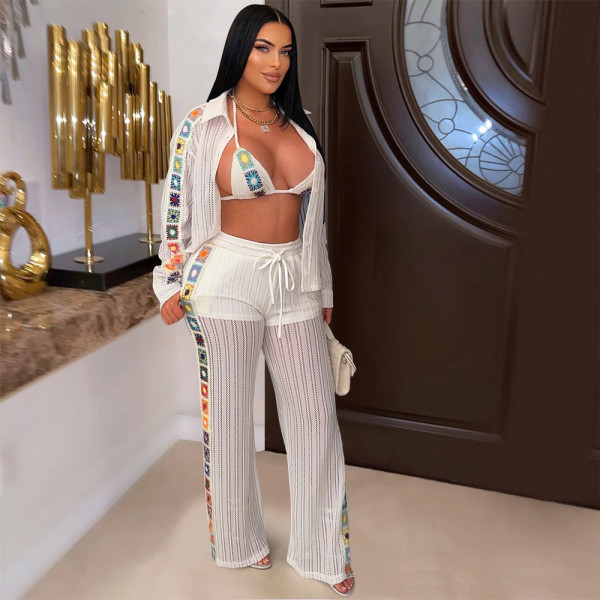 See Through Hollow Out Knit 3 Piece Pants Set CYA-901729