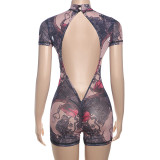 Print Mesh Backless Romper GZJQ-K25Q66528