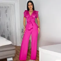 Solid Color Tie Up V Neck Wide Leg Jumpsuit CYA-901738