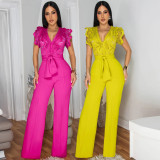 Solid Color Tie Up V Neck Wide Leg Jumpsuit CYA-901738