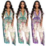 Sexy V-Neck Vintage Print Jumpsuit YF-20154