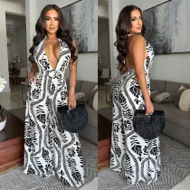 Deep V Neck Backless Print Jumpsuit BY-7310