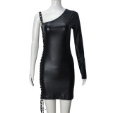 Slant Neck Webbing Hollow Out Mini Dress GNZD-51597DHD