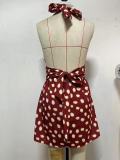 Polka Dot Print Halterneck Backless Midi Dress GLJS-B8300