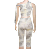 Leopard Print Single Shoulder Two Piece Shorts Set DLSF-K25S67858