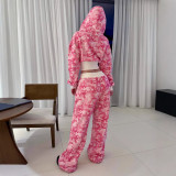 Print Cardigan Hooded Coat And Pants Suit GLJS-B8306