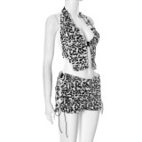 Leopard Print Hollow Out Backless Two Piece Skirts Set GDSF-Q25ST091