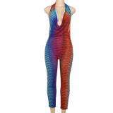 Colorful Stripe Halterneck Backless Jumpsuit DLSF-K25Q68058