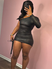 Slant Neck Webbing Hollow Out Mini Dress GNZD-51597DHD