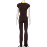 Contrast Color Zipper Tops Micro Flare Pants Suit MXBF-D25ST097