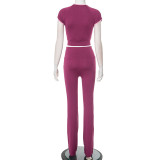 Contrast Color Zipper Tops Micro Flare Pants Suit MXBF-D25ST097