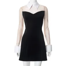 Mesh Patchwork Lapel Mini Dress GSZM-K25DS022