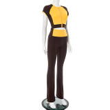 Contrast Color Zipper Tops Micro Flare Pants Suit MXBF-D25ST097