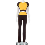 Contrast Color Zipper Tops Micro Flare Pants Suit MXBF-D25ST097