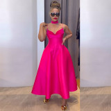 V-neck Solid A-line Big Swing Maxi Dress GCNE-HK7842