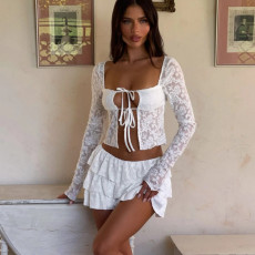 Hollow Out Lace Tie Up Two Piece Skirts Set GNZD-51607SBD