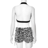 Leopard Print Hollow Out Backless Two Piece Skirts Set GDSF-Q25ST091