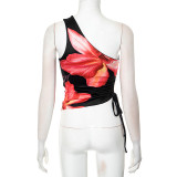 Slash Shoulder Drawstring Floral Print Irregular T Shirt GDSF-J25TP020