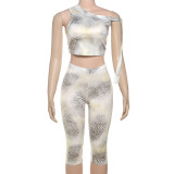 Leopard Print Single Shoulder Two Piece Shorts Set DLSF-K25S67858