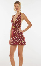 Polka Dot Print Halterneck Backless Midi Dress GLJS-B8300