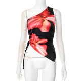 Slash Shoulder Drawstring Floral Print Irregular T Shirt GDSF-J25TP020