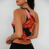 Slash Shoulder Drawstring Floral Print Irregular T Shirt GDSF-J25TP020