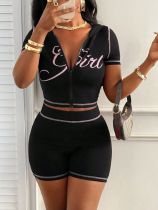 Letter Print Short Sleeve Zipper Shorts Suit GMJL-XX539