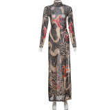 Half High Neck Print Long Sleeve High Split Long Tops DLSF-K24L62340