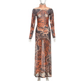 Print Mesh Long Sleeve Split Maxi Dress DLSF-K24L62342